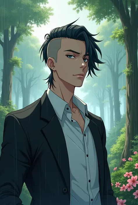 A man one side hair style 4k, white shirt with black coat background 4k tree and flowers rain anime style 