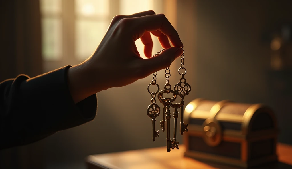 Create a hyper-realistic and mysterious image of a hand holding a set of antique keys, each representing a different form of wealth or investment – one for land, another for trade, another for precious metals, and so on. The keys are suspended on a gold ch...