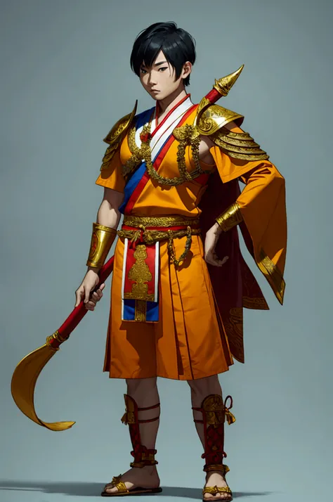 man,Wearing Thai warrior costume,bow,short hair, shoe ,stand