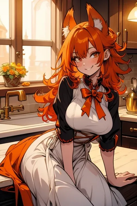 A young orange haired woman with copper eyes and an hourglass figure with orange fox ears and an orange fox tail in a Lolita maid uniform is smiling while sitting on the counter in a fancy kitchen