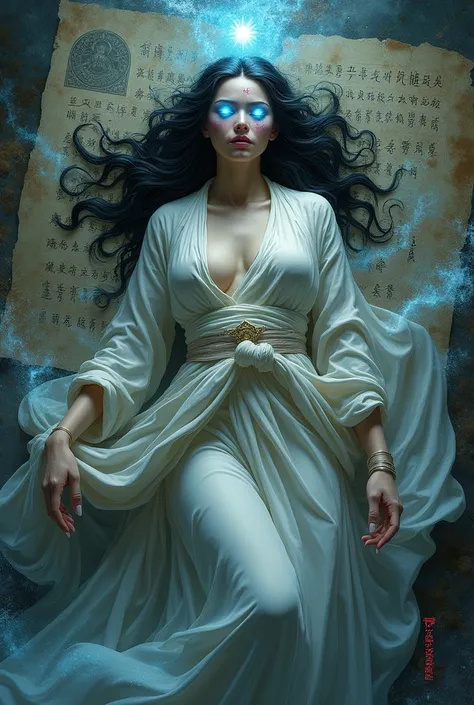 Wind goddess wonded after battle, the body wrapped by sutra, fantasy, have blue glowing eyes

