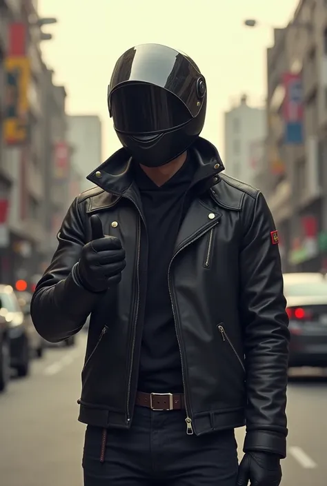 image of a standing biker, wearing a helmet with an open visor, he is facing forward showing his thumb. in the background there is a street with several cars and buildings.