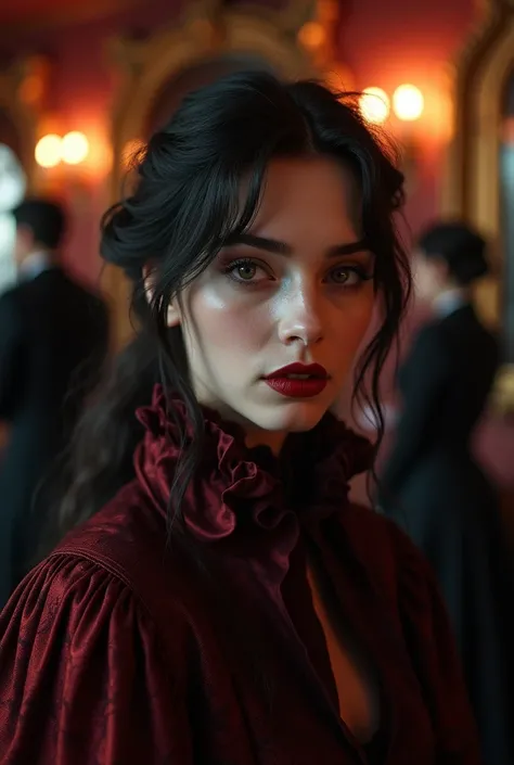 A photo of a Victorian Gothic woman, with a subtle smile playing on her ruby ​​lips and her hair contrasting starkly with her jet black hue. She wears a rich burgundy brocade dress with a high ruffled collar. Its inside a nightclub with people dancing. The...