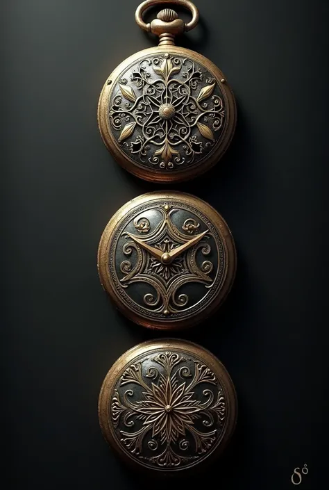 Four vertical pocket watches with tattoo style filigree designs