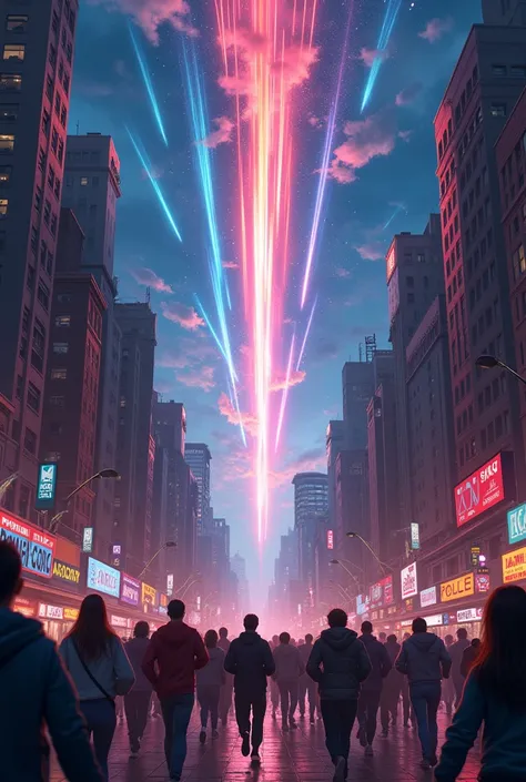 Create a scene, in a city, with people fleeing a six-colored meteor shower.