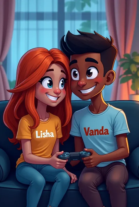 A teen couple aged 19, sitting together on a black couch, playing a shooting game,both dark skinned , cartoon style,a ps5 next to the tv,on the back shirt of the girl written Lisha,the girl with orange hair,on the shirt of the boy written vanda,the boy wit...