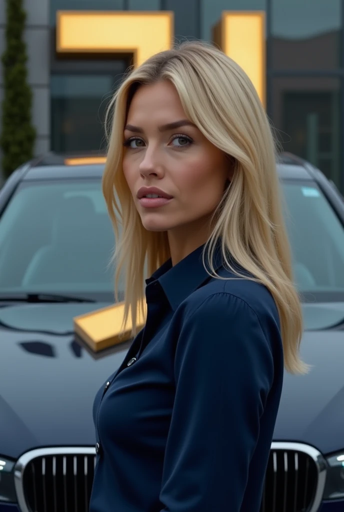 Cell phone background with a stylish blonde woman with a dark blue shirt and the Juventus symbol in gold in front of a BMW as if she were far from the camera, she and the car 