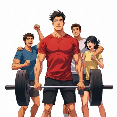 japanese manga art style, best quality, masterpiece, handsome young man wearing red tshirt and black shorts, (lifts barbell), four friends behind him cheering, perfect fingers, perfect hands, perfect face, perfection, white background