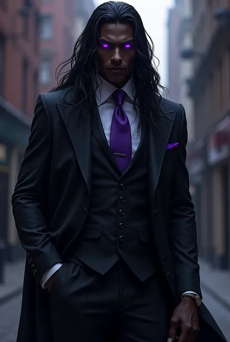 black man, long black fur, purple eyes, With a suit