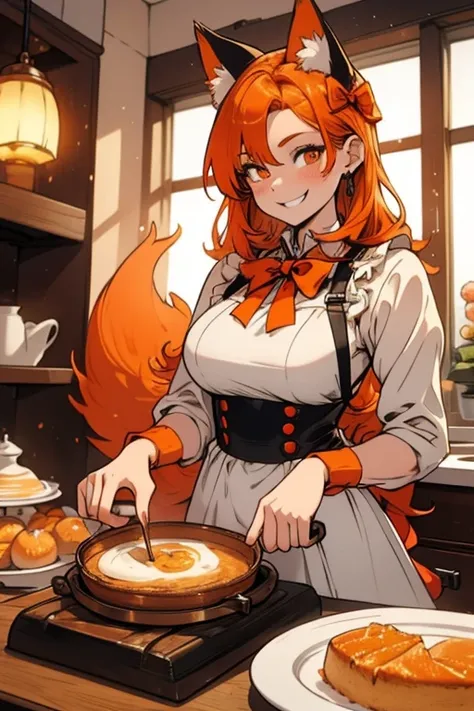 A young orange haired woman with copper eyes and an hourglass figure with orange fox ears and an orange fox tail in a Lolita maid uniform is smiling while baking a cake  in a fancy kitchen