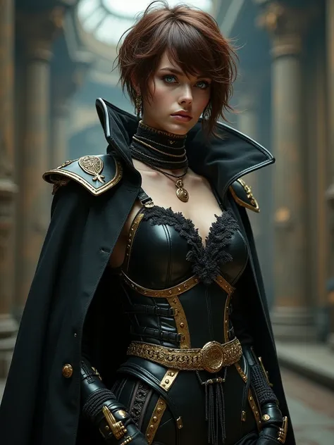 full body shot of one Beautiful woman. Dark brown hair, pixie haircut. blue eyes. daring outfit. goth tomboy. maidenly charm. space rogue assassin. Knightly cyber armor. golden accessories. lacy trenchcoat. Dark sci-fi. Warhammer 40k. Dieselpunk. baroque o...