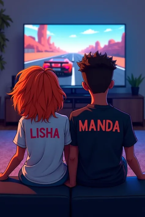 A teen couple aged 19, sitting together on a black couch, playing a racing game,both dark skinned , cartoon style,a ps5 next to the tv,on the back shirt of the girl written Lisha,the girl with orange hair,on the black shirt of the boy written manda,the boy...