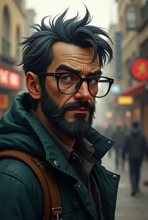 naughty man, 4, offwhite, clear eyes, Newsgirl, slightly gray black hair, scruffy beard, Eyeglasses