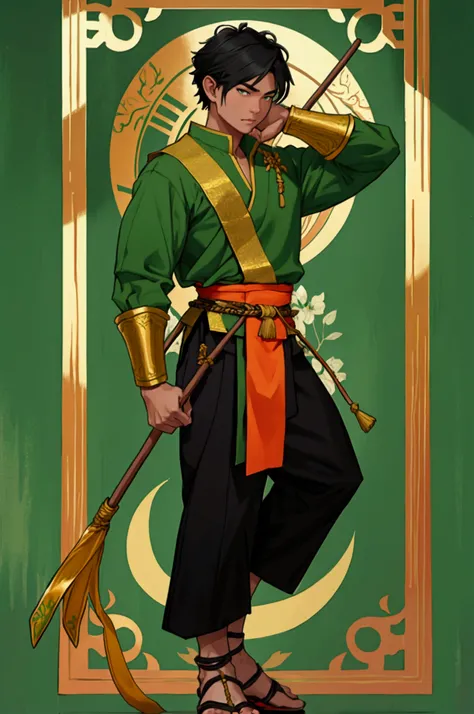 man,Wearing Thai warrior costume,Hold a bow.,short hair, shoe ,stand,high,Wear a green shirt.,Black Pants