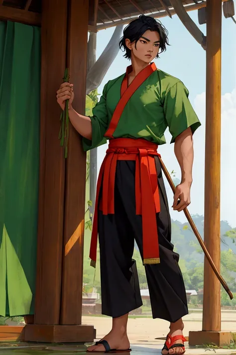 man,Wearing Thai warrior costume,Hold a bow.,short hair, shoe ,stand,high,Wear a green shirt.,Black Pants