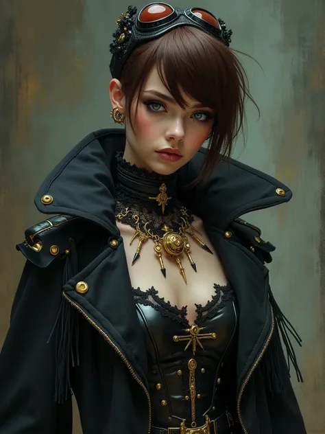 full body shot of one Beautiful woman. Dark brown hair, pixie haircut. blue eyes. daring outfit. goth tomboy. maidenly charm. space rogue assassin. Knightly cyber armor. golden accessories. lacy trenchcoat. Dark sci-fi. Warhammer 40k. Dieselpunk. baroque o...