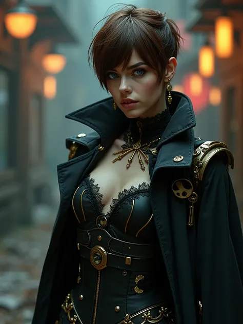 full body shot of one Beautiful woman. Dark brown hair, pixie haircut. blue eyes. daring outfit. goth tomboy. maidenly charm. space rogue assassin. Knightly cyber armor. golden accessories. lacy trenchcoat. Dark sci-fi. Warhammer 40k. Dieselpunk. baroque o...