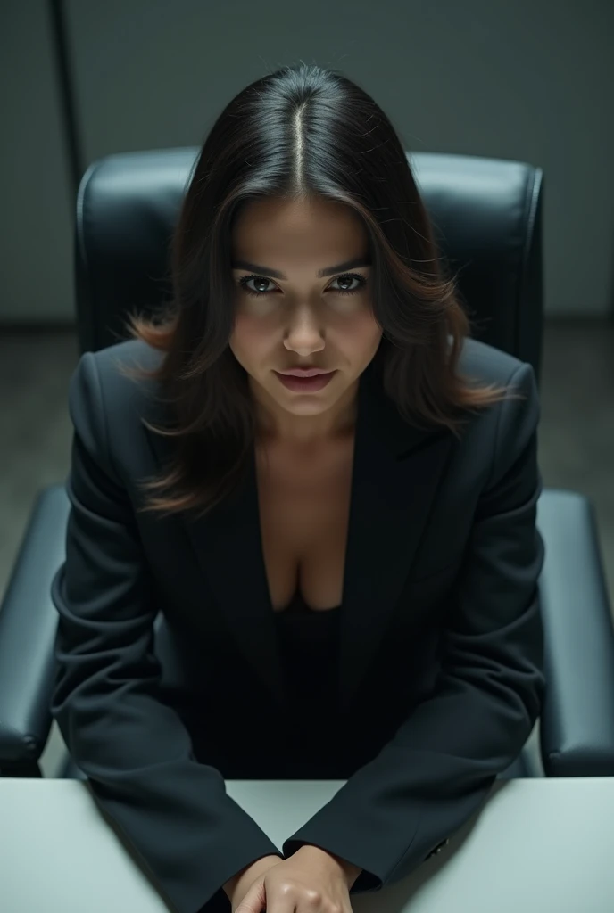 A high-angle shot of an interrogation room, with a young, attractive female lawyer sitting at a desk. She is wearing a fitted blazer and skirt, and is looking directly at the camera.