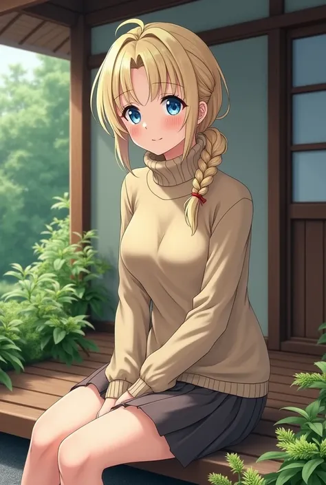 (photorealism:1.2), Anime woman, pale blonde, wearing turtleneck sweater, wearing pencil skirt, short hair, braided mullet, smile, blue eyes, grown woman, full body, sitting on the porch, japanese style home, plants in the garden