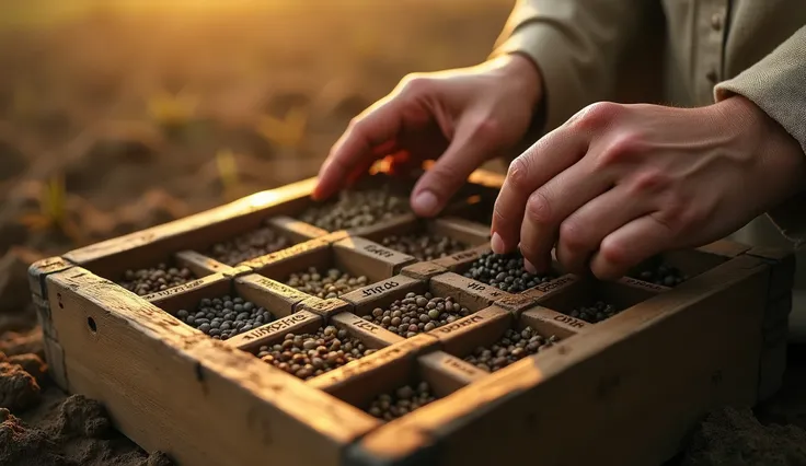 Create a hyper-realistic and mysterious image of a hand by placing different types of seeds into separate compartments of an old wooden box, each compartment labeled with the type of plant it will grow – wheat, Uvas, Oliveiras, etc. The hand should be dres...