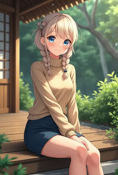 (photorealism:1.2), Anime woman, pale blonde, wearing turtleneck sweater, wearing pencil skirt, short hair, braided mullet, smile, blue eyes, grown woman, full body, sitting on the porch, japanese style home, plants in the garden