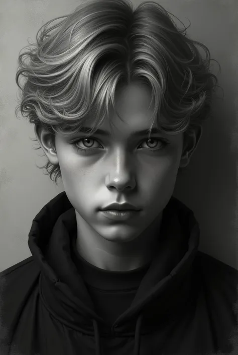 Teenage boy 
with grey eyes ,chisled facial features, and light blonde hair