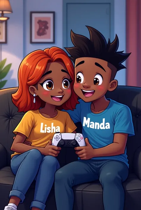 A teen couple aged 19, sitting together on a black couch, playing a racing game,both dark skinned , cartoon style,a ps5 next to the tv,on the back shirt of the girl written Lisha,the girl with orange hair,on the black shirt of the boy written manda,the boy...