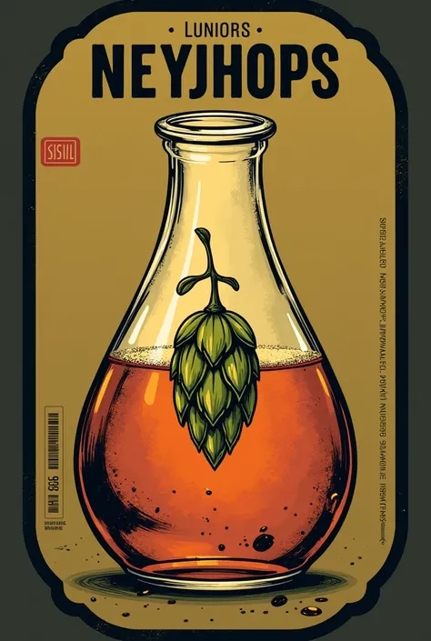 Label for a bottle of beer, Let&#39;s call it Neyjhops, that is inspired by a chemical flask, and that also has a hop. 