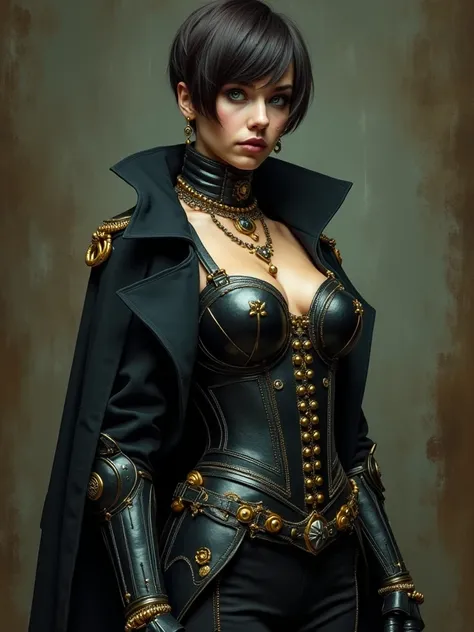 full body shot of one Beautiful woman. Dark brown hair, pixie haircut. blue eyes. daring outfit. goth tomboy. maidenly charm. space rogue. Knightly cyber armor. golden accessories. Napoleonic trenchcoat. Dark sci-fi. Warhammer 40k. Dieselpunk. baroque oil ...