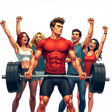 comic art style, best quality, masterpiece, handsome young man wearing red tshirt and black shorts, (lifts barbell), four friends behind him cheering, perfect fingers, perfect hands, perfect face, perfection, white background