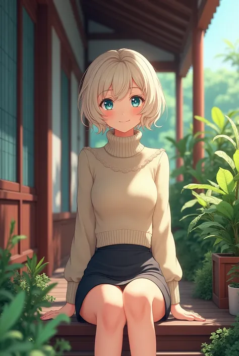 (photorealism:1.2), Anime woman, pale blonde, wearing turtleneck sweater, wearing pencil skirt, short hair, smile, blue eyes, grown woman, full body, sitting on the porch, japanese style home, plants in the garden