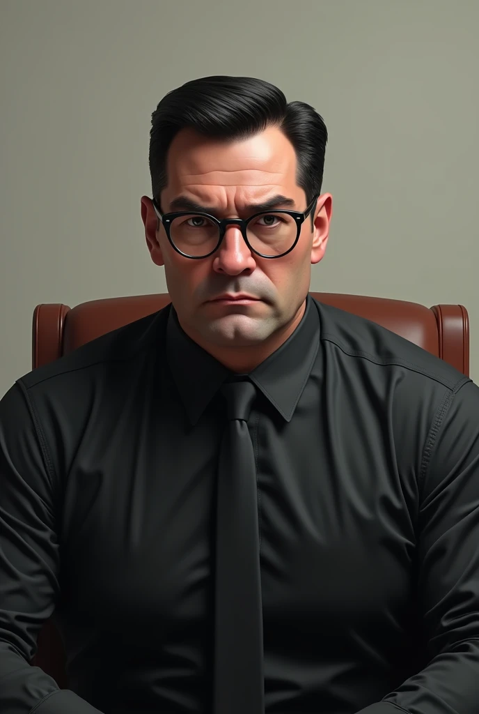 (drawing) A 45 year old white male with a stocky body build, with black round glasses, SERIOUS LOOK, black hair and shirt with tie, sitting looking forward, square face and big eyes