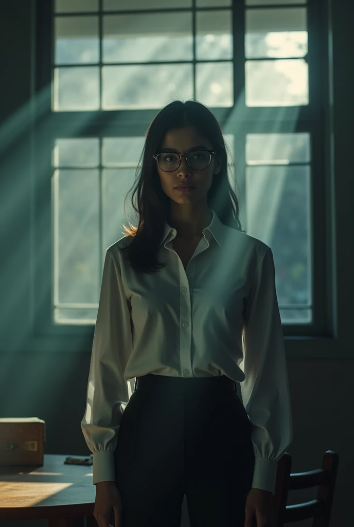 A dramatic shot of a young female lawyer, standing in front of a window in an interrogation room. She is wearing a long sleeve  shirt and glasses, and the sunlight is casting shadows on her face