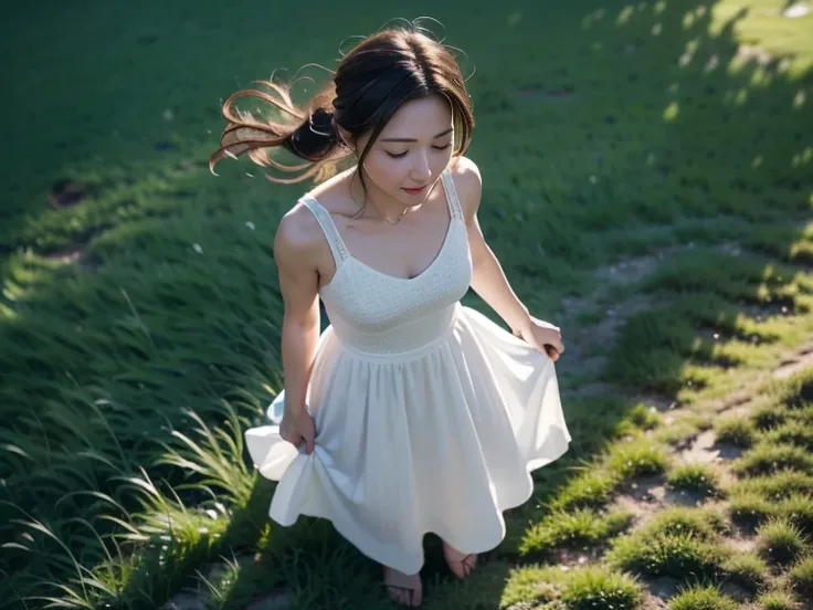 A drone-captured aerial view of a woman standing in an open field, looking up towards the sky. The perspective is from directly above, giving a sense of height and distance as the drone hovers high above her. She is wearing a flowing white dress that contr...