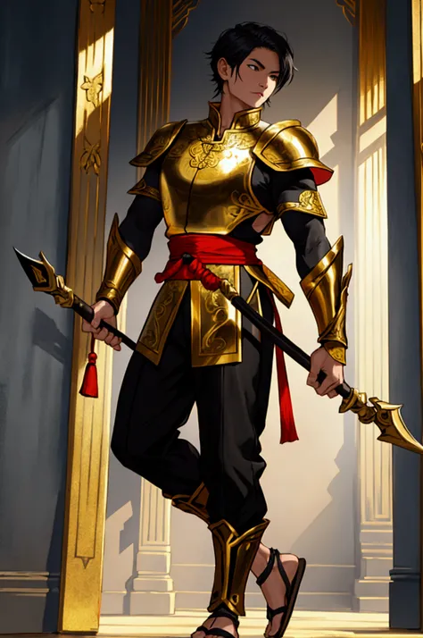 man,Wearing Thai warrior costume,Holding a bow as a weapon,short hair, shoe ,stand,high,Wearing a black and gold armor,Black Pants