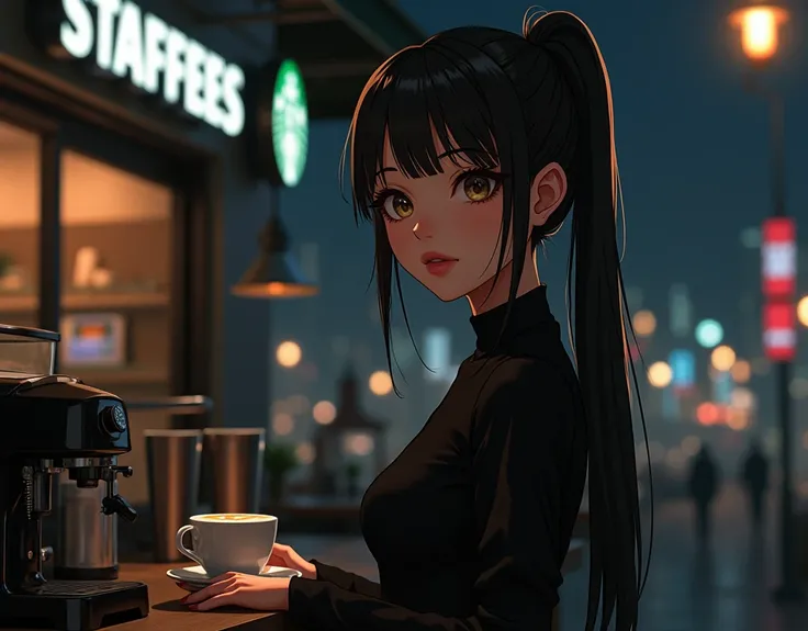 hot anime lady wearing black clothes serving starbucks coffee at night