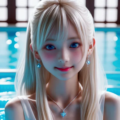 white blond hair、（（Sexy transparent bikini））、2 very pretty Swedish 14 year old pretty girls、shiny skin、white skinned、a smile、Beautiful bangs、long and straight、2 silky and beautiful blondes、shiny hair、Extra long ponytail、Eyeliner、a small face、Extra large br...