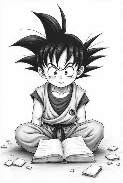 Create a cover page related to the topic "learning problems"  that is easy to draw in pencil ,where is this child goku stressed for not learning and with an expression of inability and anguish 