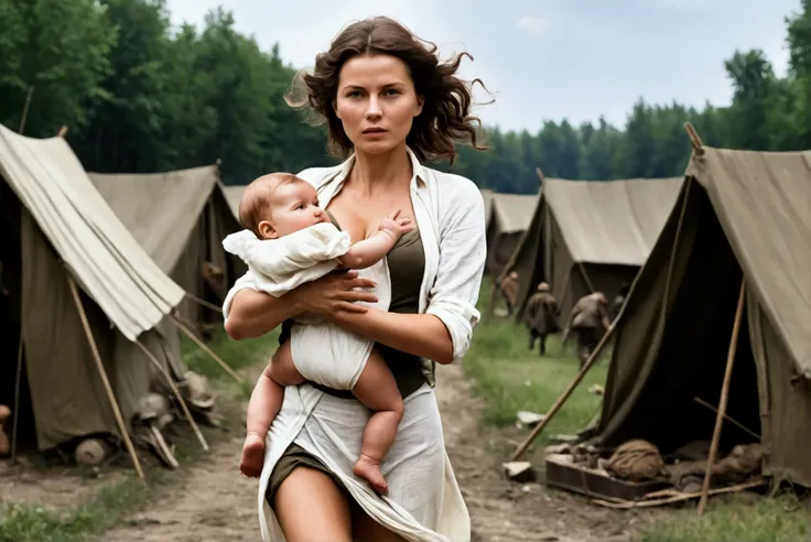 Create a representation of Stanisława Leszczyńska in the midst of war camp, holding a baby running on the middle of the war. Showing her legs and partially exposed chest, but ensure the baby is completely shielded from any danger. full body, sexy body, sho...