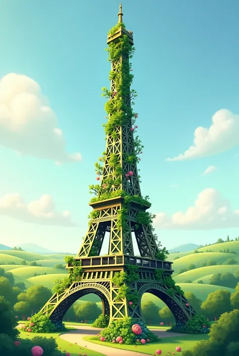 An easy drawing of the Eiffel Tower made of plants 