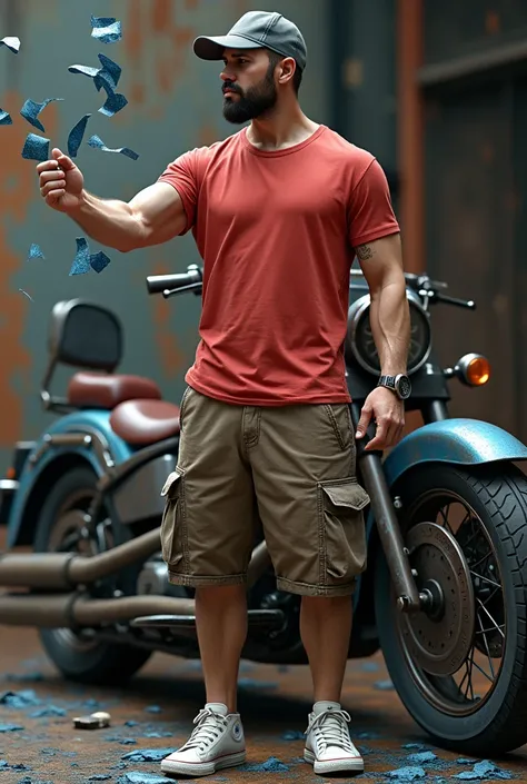 Muscular man wearing a shirt with long shorts Long loose shorts With pockets on the sides with converse sneakers red T-shirt and brown shorts Long short, Normal musculature With beard and baseball cap Realistic musculature On a rusty and worn motorcycle he...