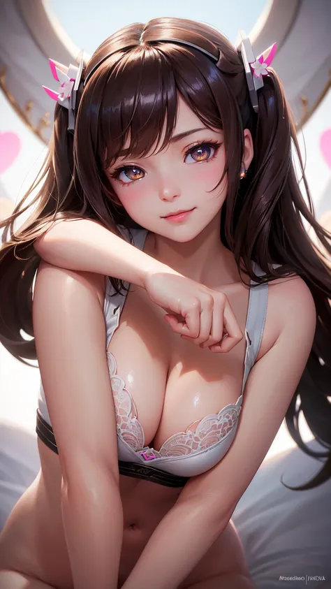 (masterpiece), (best quality), (intricate details), high resolution, visually stunning, sidelighting, deep shadow, nothing but white background, (Dva from overwatch), brown hair, heart-shaped pupils, amber eyes, innocent smile, cinematic lighting, sparkle,...