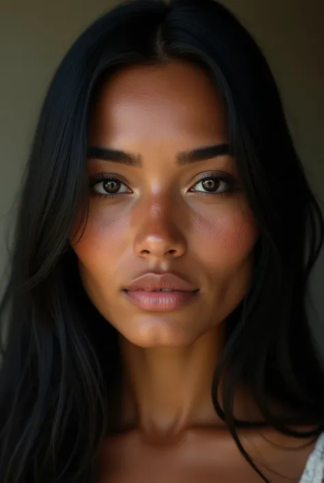 A Brazilian woman with long, straight black hair, slightly dark skin, sunburn-like, small black eyes reminiscent of an indigenous person, beautiful and common nose