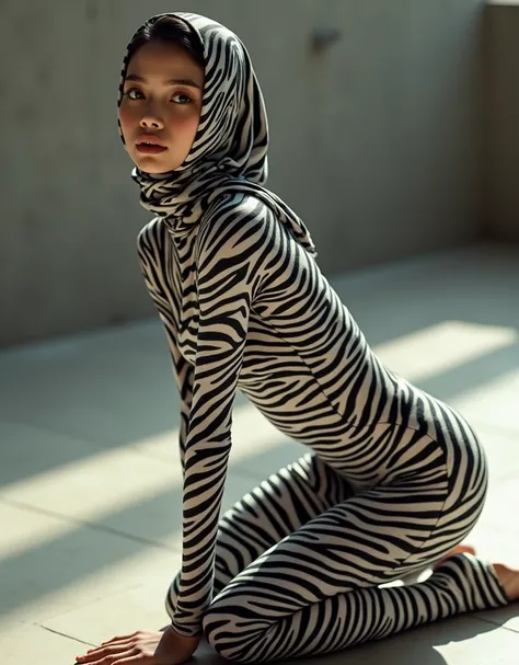 A thin and beautiful asian muslimah muslim woman wears zebra print lycra turtleneck unitard catsuit.She always wear cotton zebra print hijab.She is crawling.