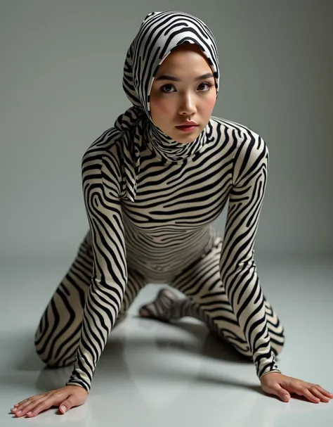 A thin and beautiful asian muslimah muslim woman wears zebra print lycra turtleneck unitard catsuit.She always wear cotton zebra print hijab.She is crawling.