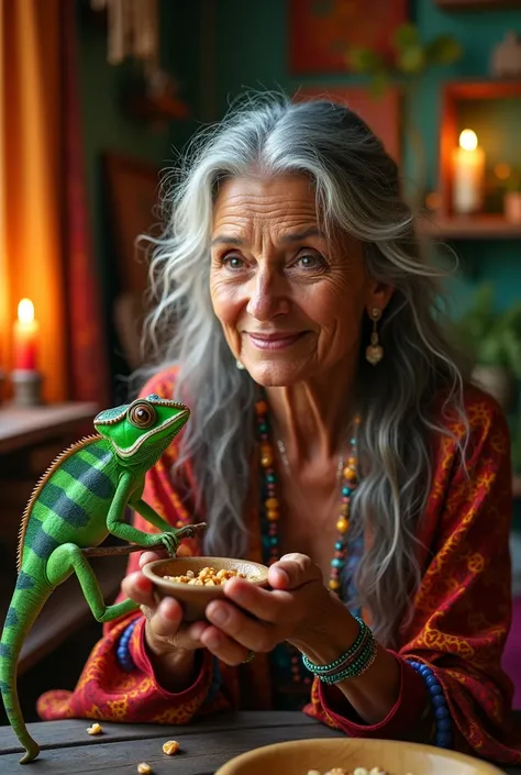 67 year old Mexican lady, hippie/ bohemian and fit.  feeds his chameleon at night