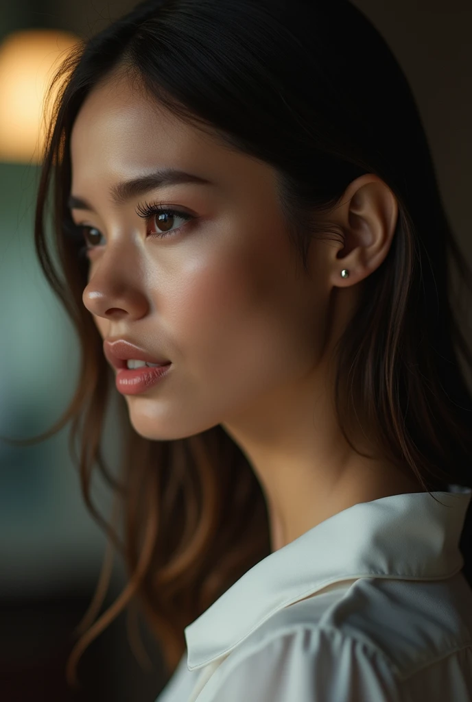 A close-up of a beautiful young lawyers face, as she leans in to whisper something in my ear. She is wearing a fitted blouse and has a determined look in her eyes.