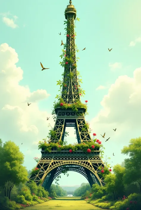 An easy drawing to paint of the Eiffel Tower made of plants 