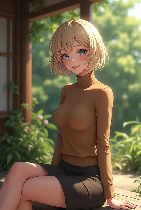 (photorealism:1.2), Anime woman, light blonde, wearing brown turtleneck sweater, wearing pencil skirt, short hair, smile, blue eyes, grown woman, full body, sitting on the porch, japanese style home, plants in the garden