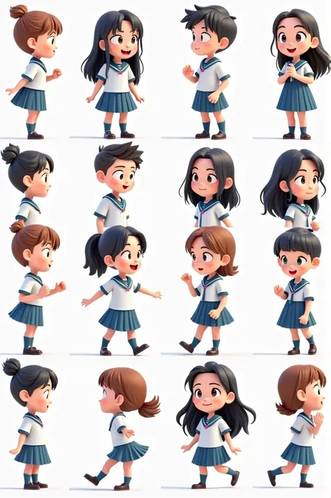 Photos of 20 boys and 20 girls animated separately, each with different characteristics, wearing a white and blue school uniform